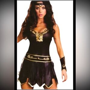 Roman Princess COSTUME BROWN gold Warrior Dress Babe-A-Lonian arm cuffs headband